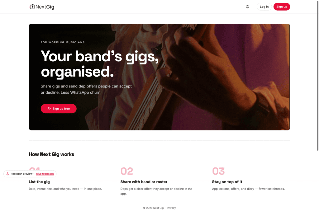 Next Gig homepage: Find gigs, Book musicians — hero with sign up and browse gigs, browse by instrument (Guitar, Drums, Piano, Vocals, Bass, Other), recent opportunities.