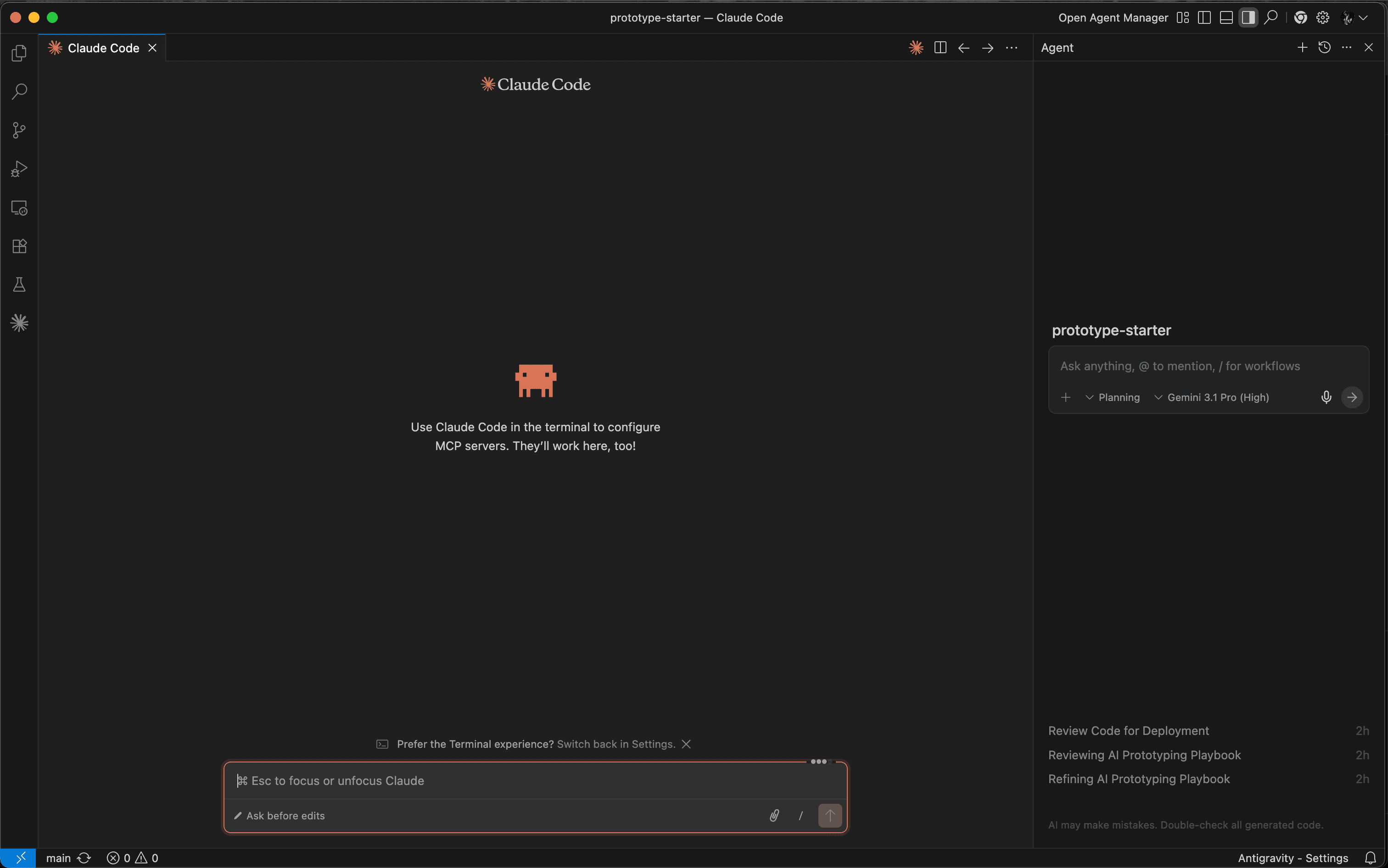 The prototype-starter workspace open in VS Code with Claude Code and the AI Agent panel
