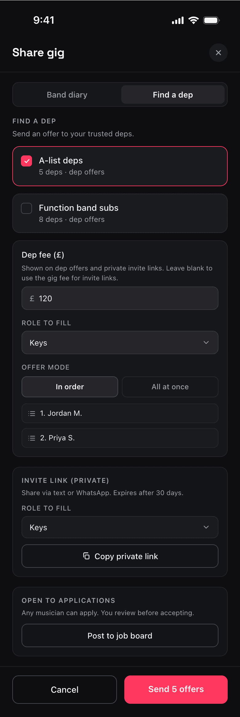 The current Find a dep tab: roster picker, fee/role/offer-mode, a private-link block and a job-board block, with three competing buttons