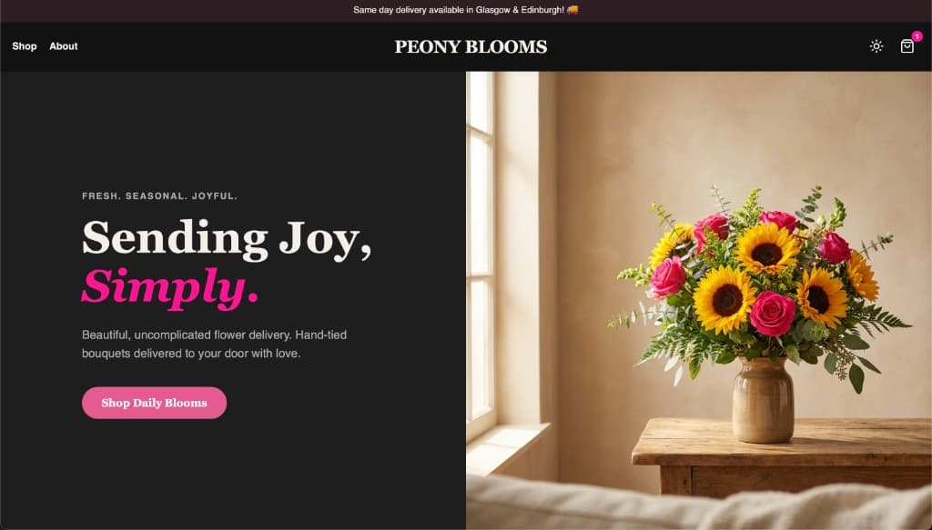 Peony Blooms landing page: hero with ‘Sending Joy, Simply.’ headline, Shop Daily Blooms CTA, and bouquet in vase.