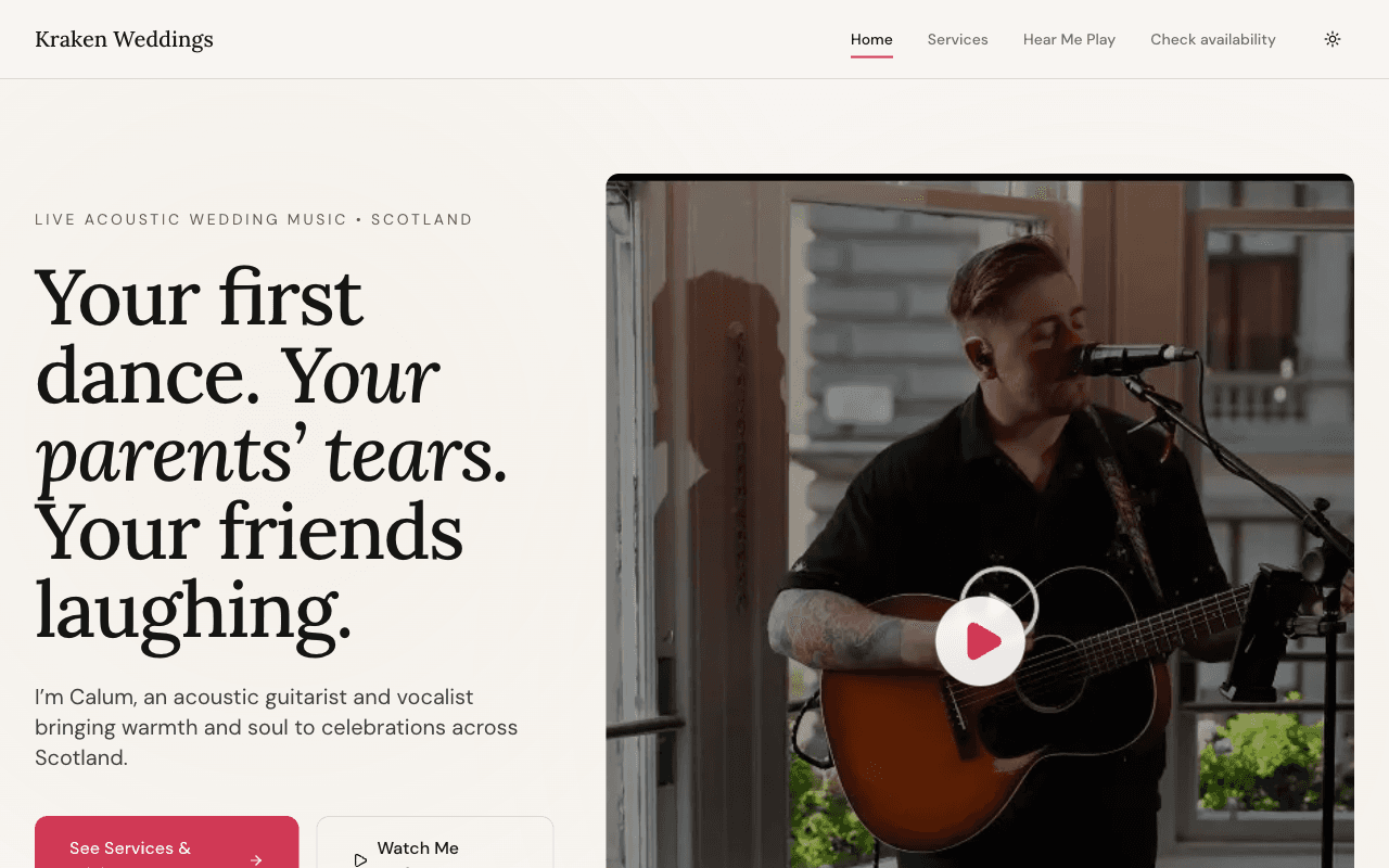 Kraken Weddings homepage: hero section with acoustic guitarist performing at a sunlit window, navigation and call-to-action buttons.