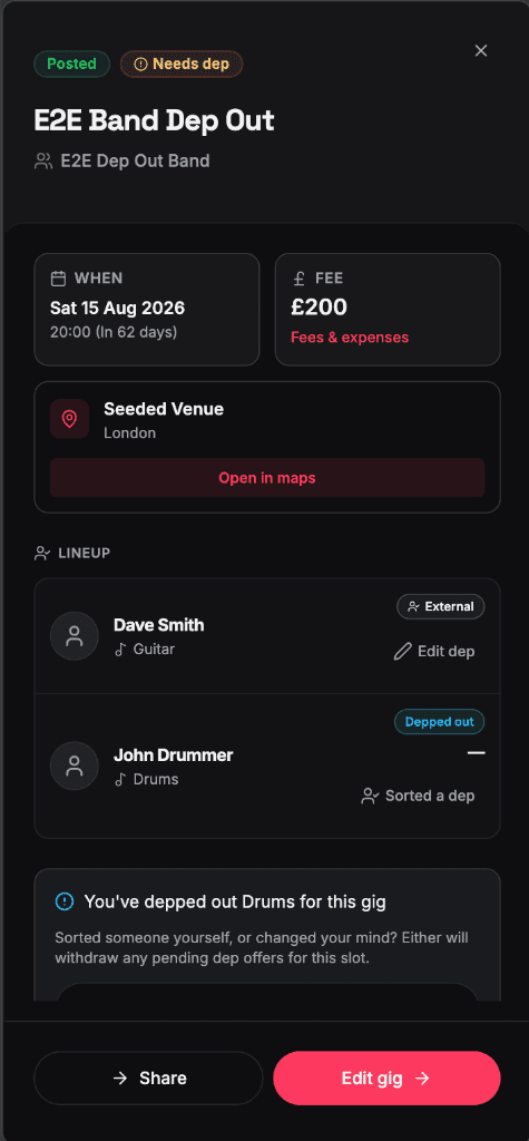 Polished gig details screen with status badges, interactive lineup indicators, and coverage alerts