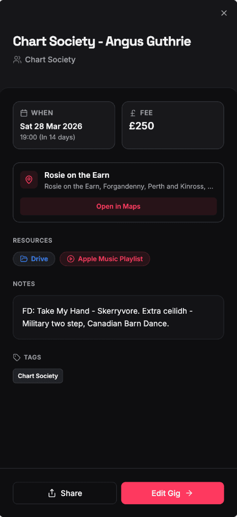 Original static gig detail layout with flat notes, tags, and basic metadata