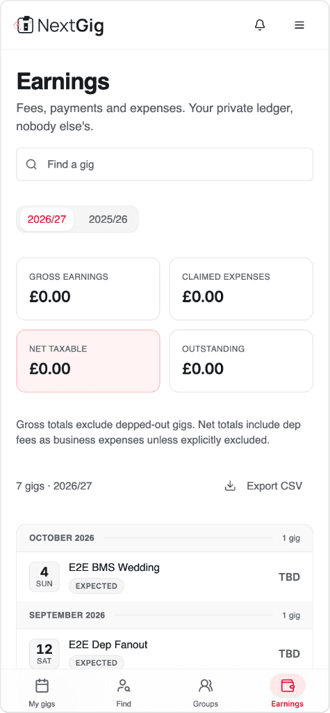 Next Gig - Private Earnings Ledger screen