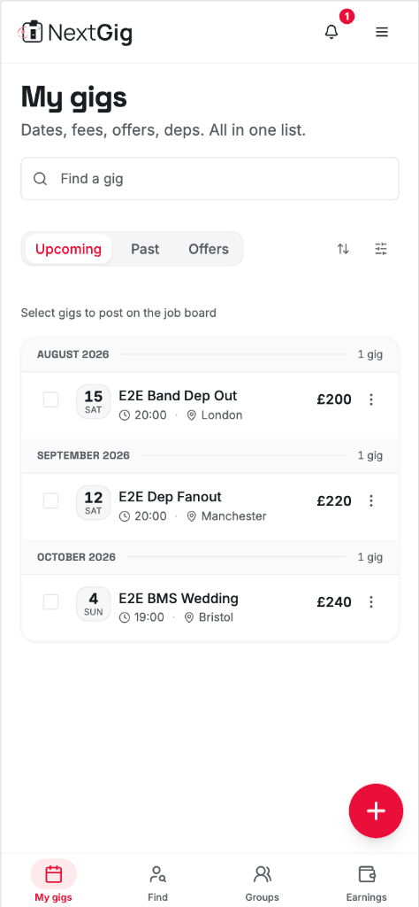 Next Gig - My Gigs dashboard view