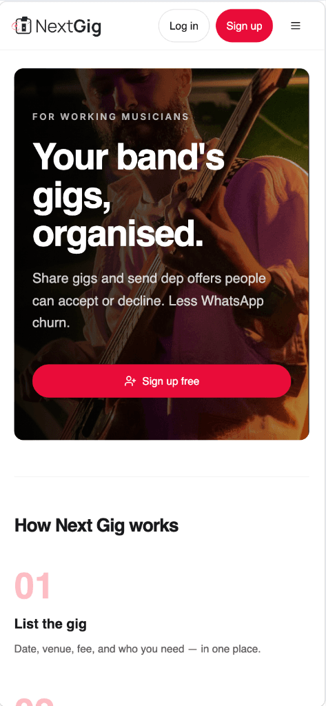 Next Gig Landing Page - Mobile View